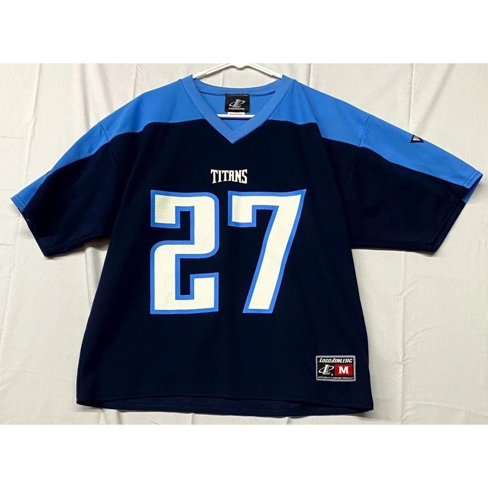 Tennessee Titans Jersey Men's Medium Black Blue Eddie George Logo Athletic 27